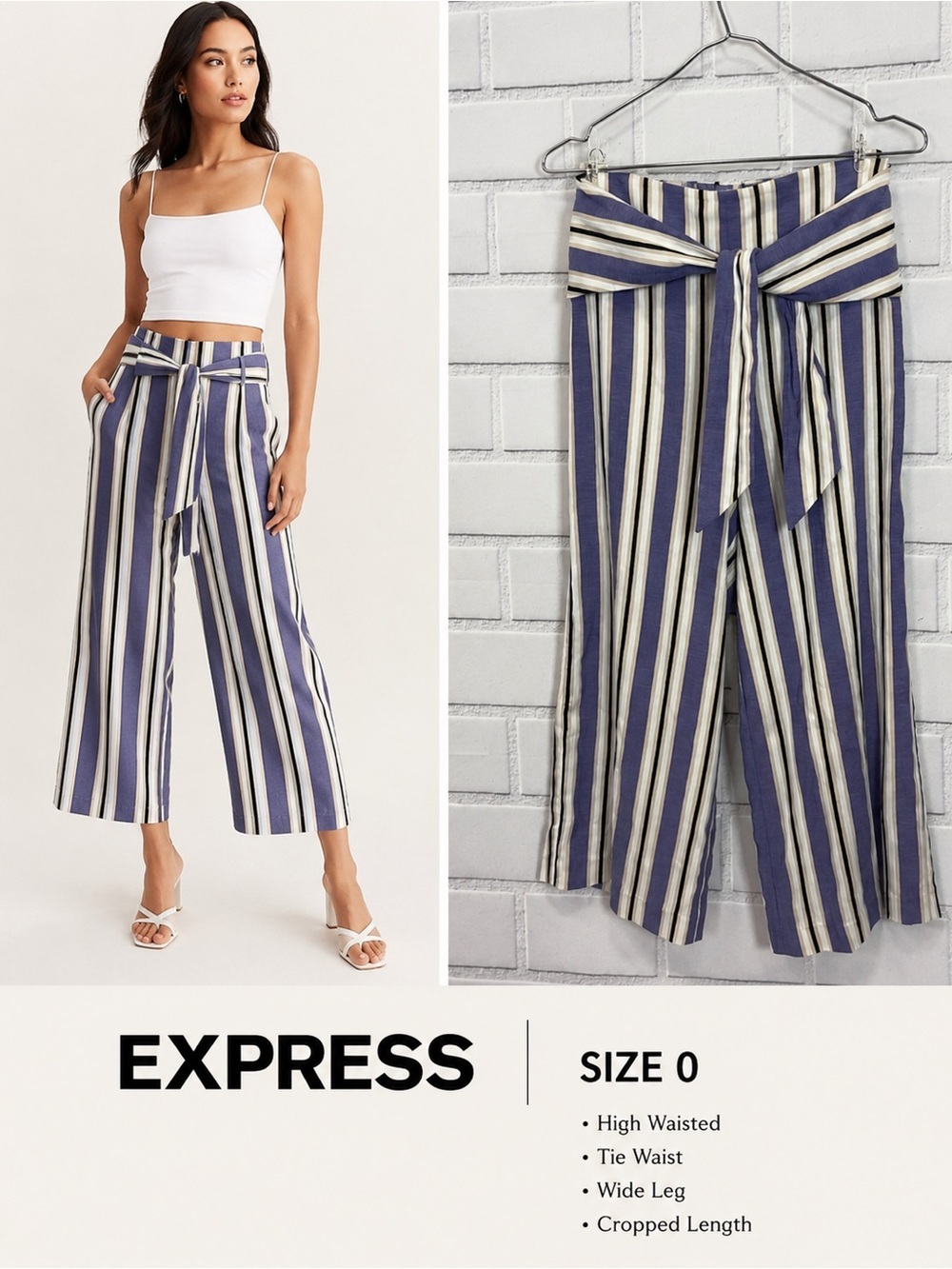 Express Striped Tie Waist Wide Leg Crop Pants Size 0